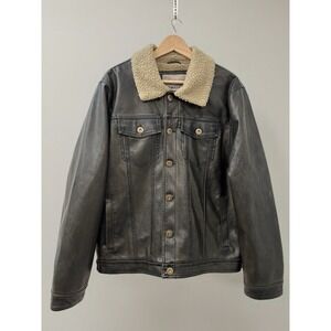 Men's Faux Leather Sherpa Trucker‎ Jacket Black Warm Winter Coat Size L"